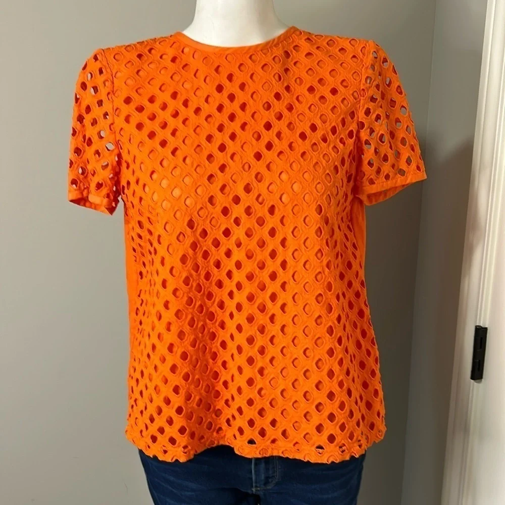 TORY BURCH Hermosa Eyelet Front Tee Embroidered Orange Flowy Sz 4